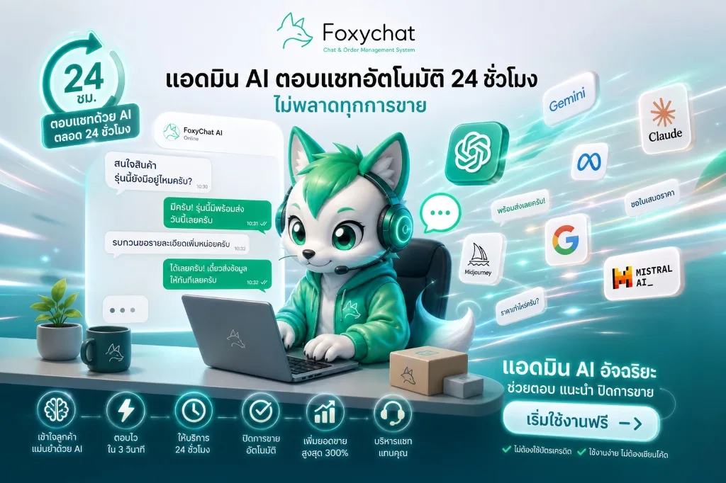 หน้าจอรวมแชท LINE Facebook Instagram ของ foxyChat — แอดมิน AI ตอบลูกค้าอัตโนมัติ