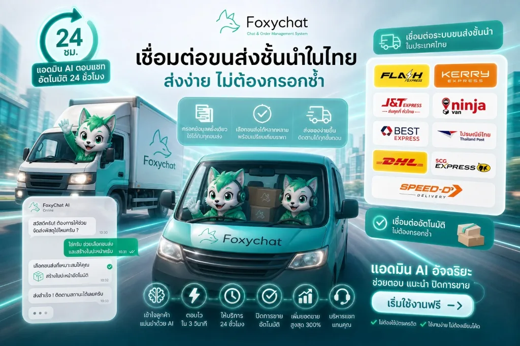 หน้าจอจองขนส่งและพิมพ์ใบปะหน้าพัสดุของ foxyChat